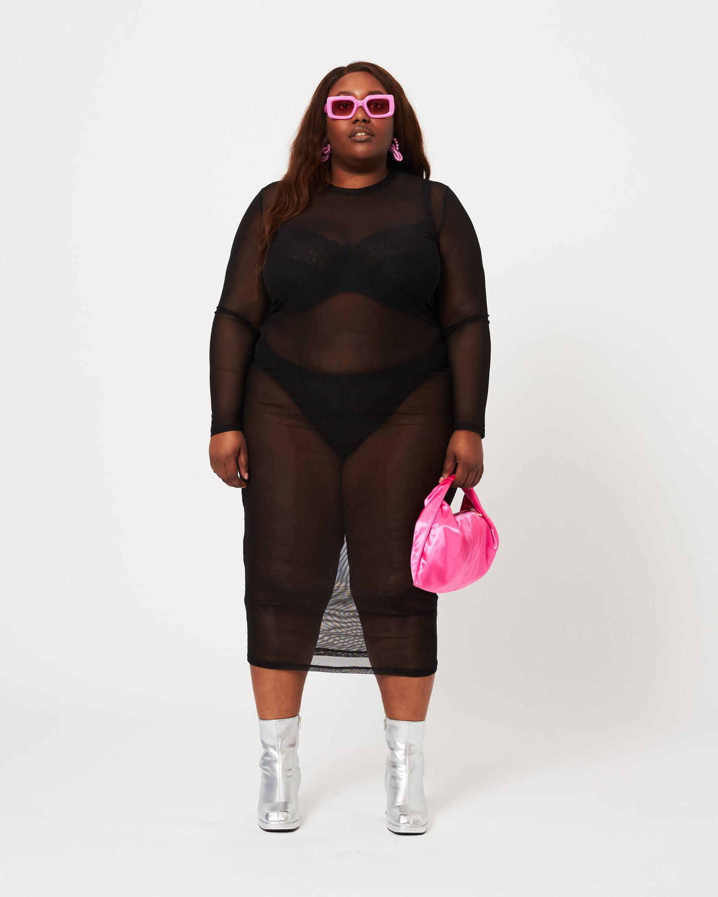 zwarte lange mesh jurk voor grote maten, sexy kleding voor plus-size